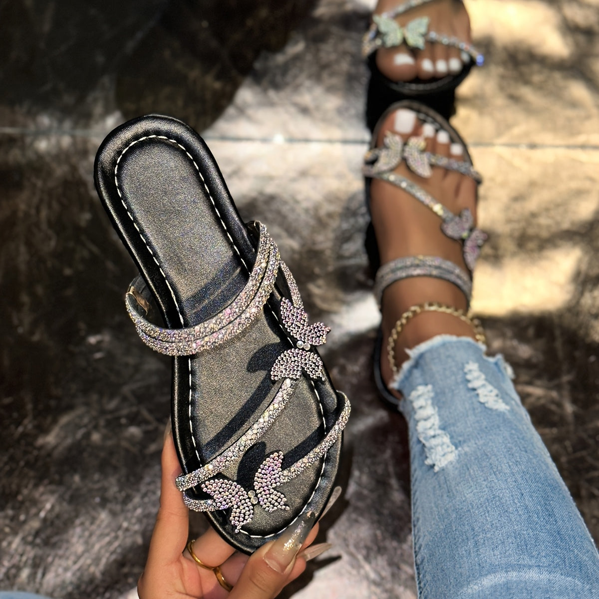 Ayollar uchun rhinestone kelebek Mary Jane sandallari, sozlanadigan, yopiladigan, yozgi slaydlar