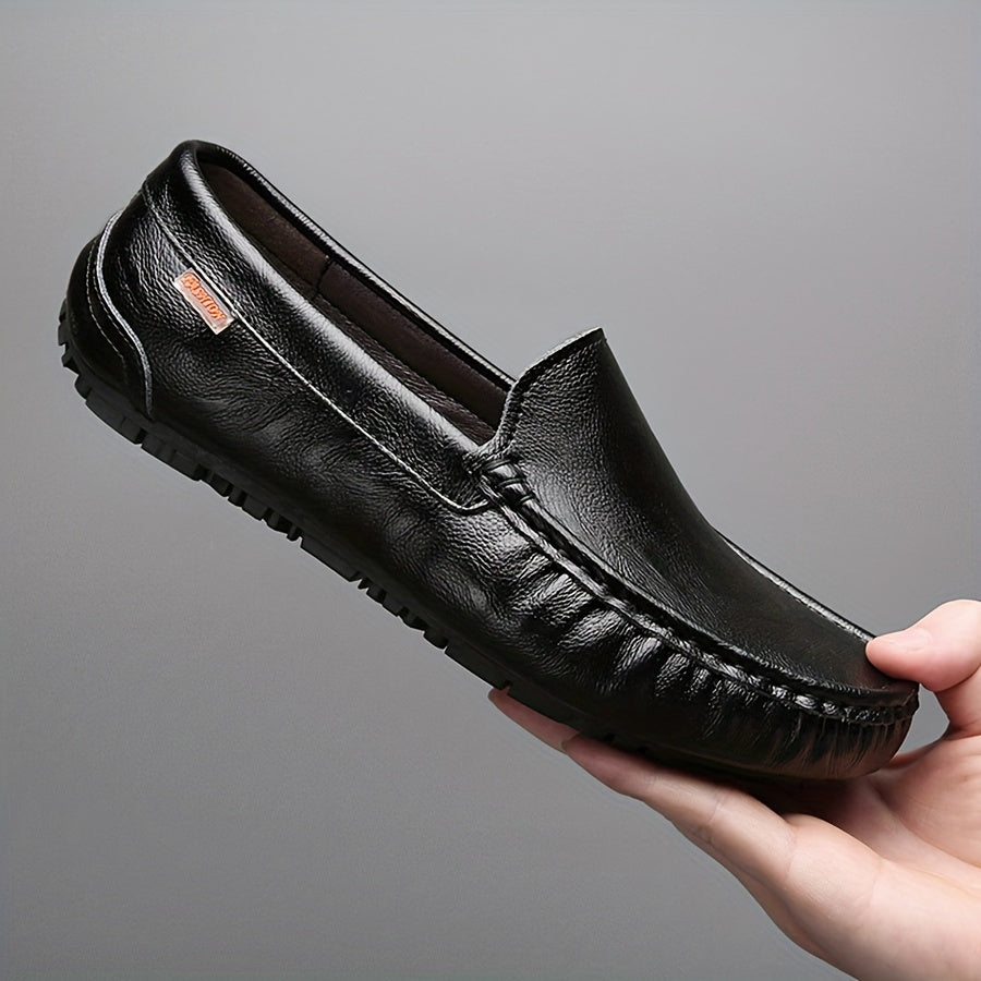 Men's Genuine Leather Loafers Casual Slip-On Square Toe Rubber Sole