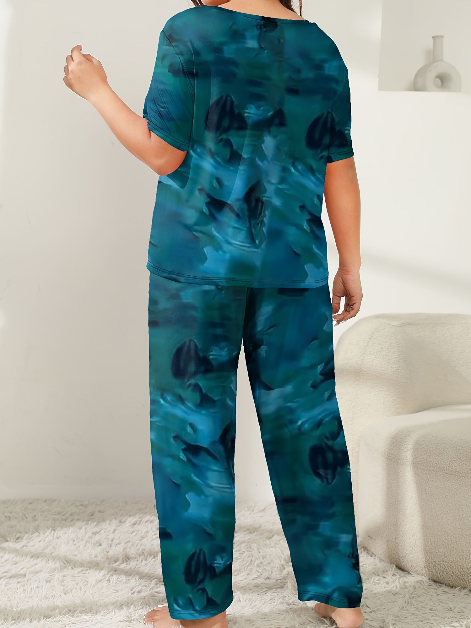 Plus Size Women's Pajama Set Polyester Knit All-Season Short Sleeve Top Long Pants Sleepwear