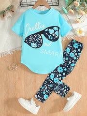 Girls Party T-Shirt Set with Floral Print Drop Shoulder Short Sleeve Cropped Jegging Pants for Girls 12 and Under