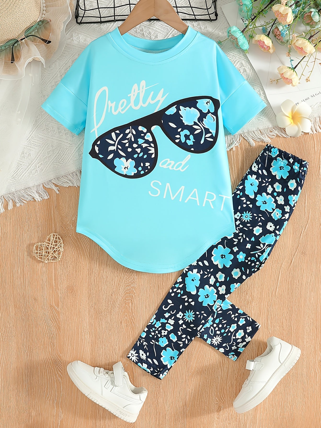 Girls Party T-Shirt Set with Floral Print Drop Shoulder Short Sleeve Cropped Jegging Pants for Girls 12 and Under