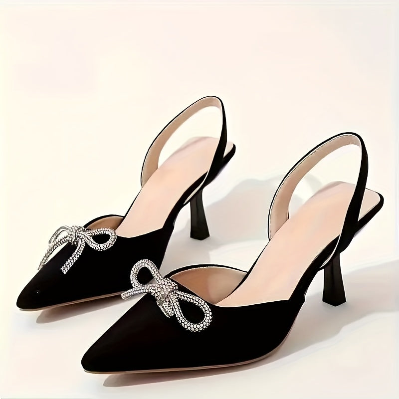 Women's Rhinestone Bowknot Decor Ankle Strap Dress Sandals High Heels