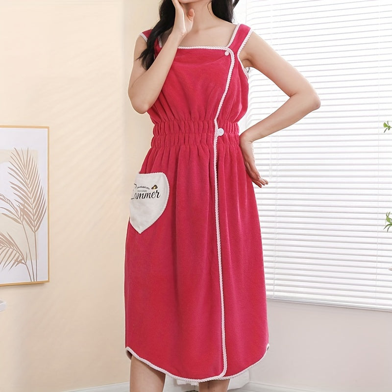 Adult Coral Fleece Wearable Bath Towel with Heart Pocket and Elastic Waistband Absorbent Non-Shedding