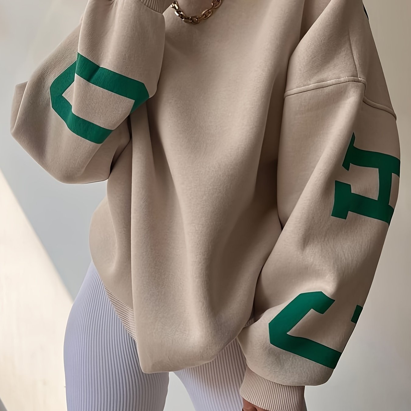Women's Brown Letter Print Sweatshirt Crew Neck Long Sleeve Casual