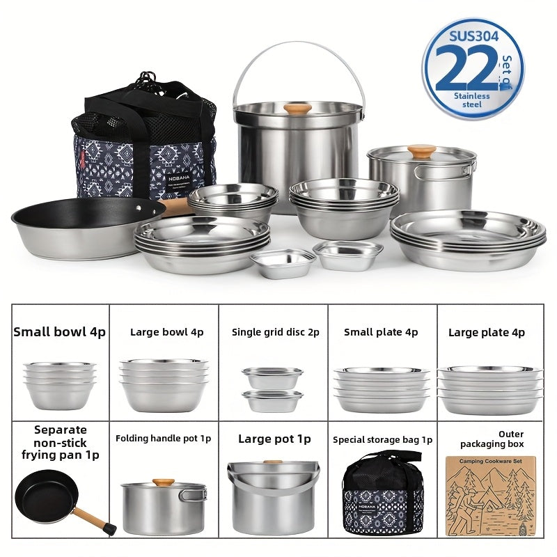 Stainless Steel Camping Cookware Set 22 Pieces Outdoor Kitchen Utensils
