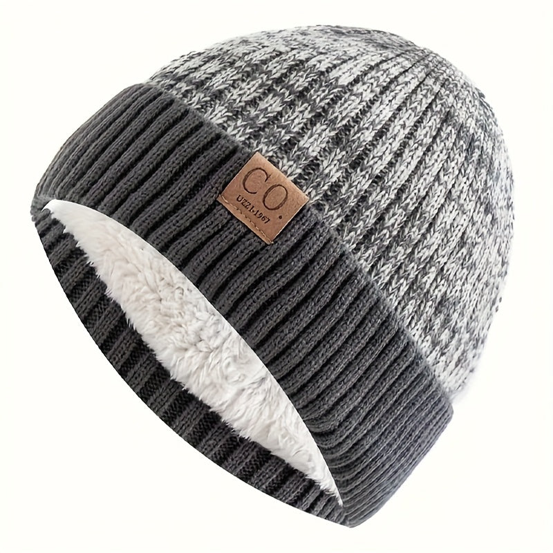 Knit Beanie with Letter Patch, Fleece-Lined, Ear Protection, Men’s Sporty Hat