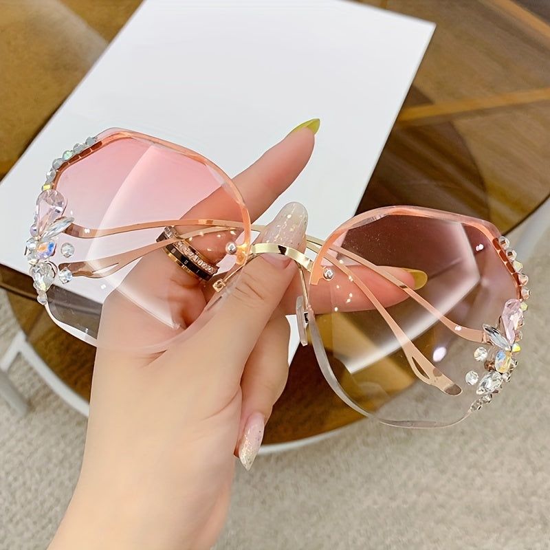 Women's Rimless Sunglasses with Rhinestones, Round Gradient Lens for Summer Beach Travel