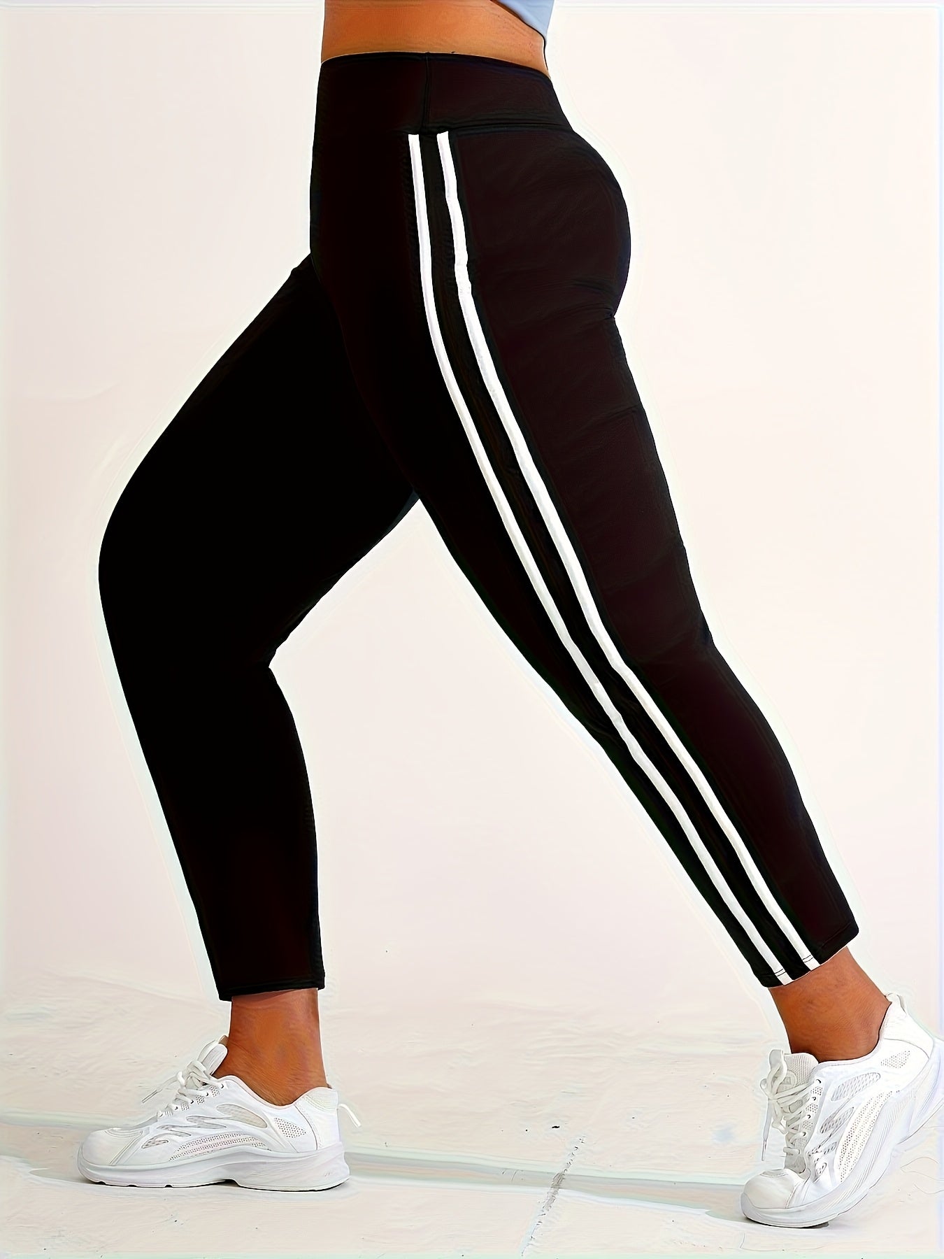 Women's Plus Size High-Waisted Yoga Pants Tummy Control Fitness Leggings with Side Stripes