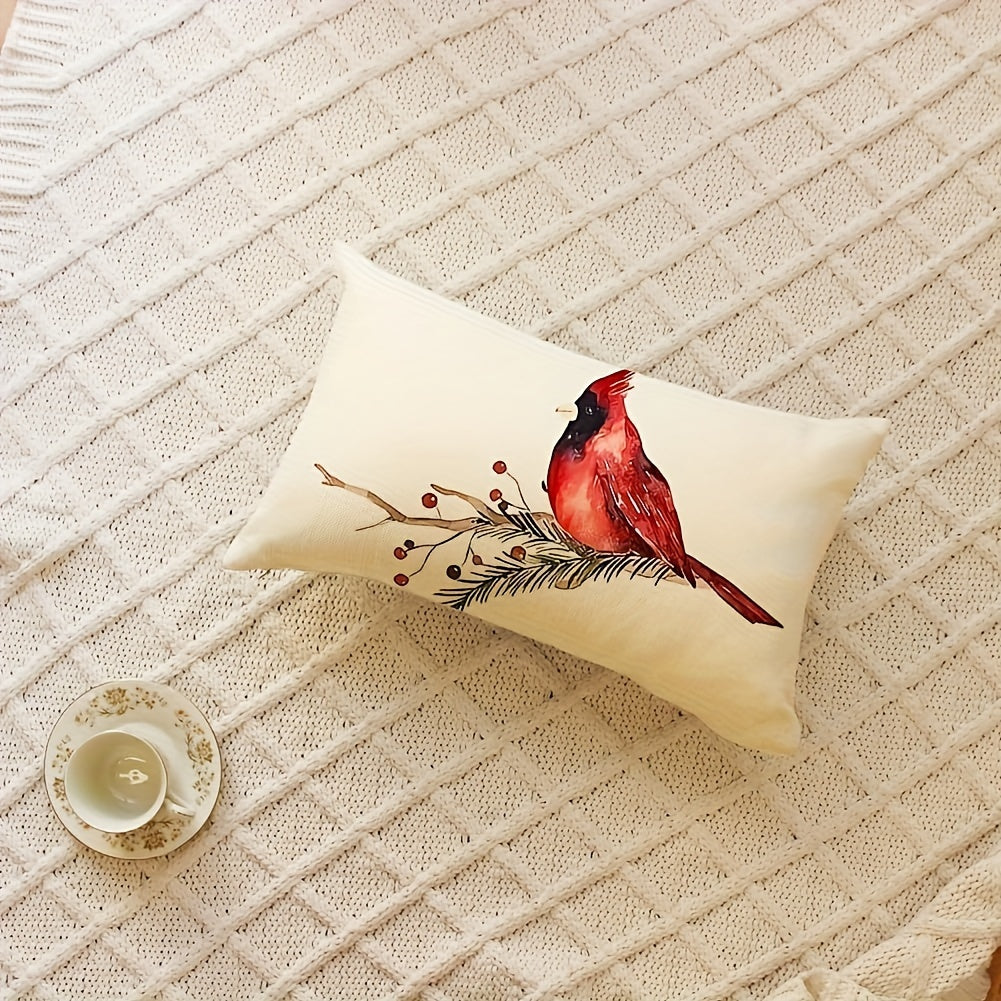 Decorative Linen Pillow Cover Red Cardinal Design 12x20 Inches Farmhouse Indoor Outdoor