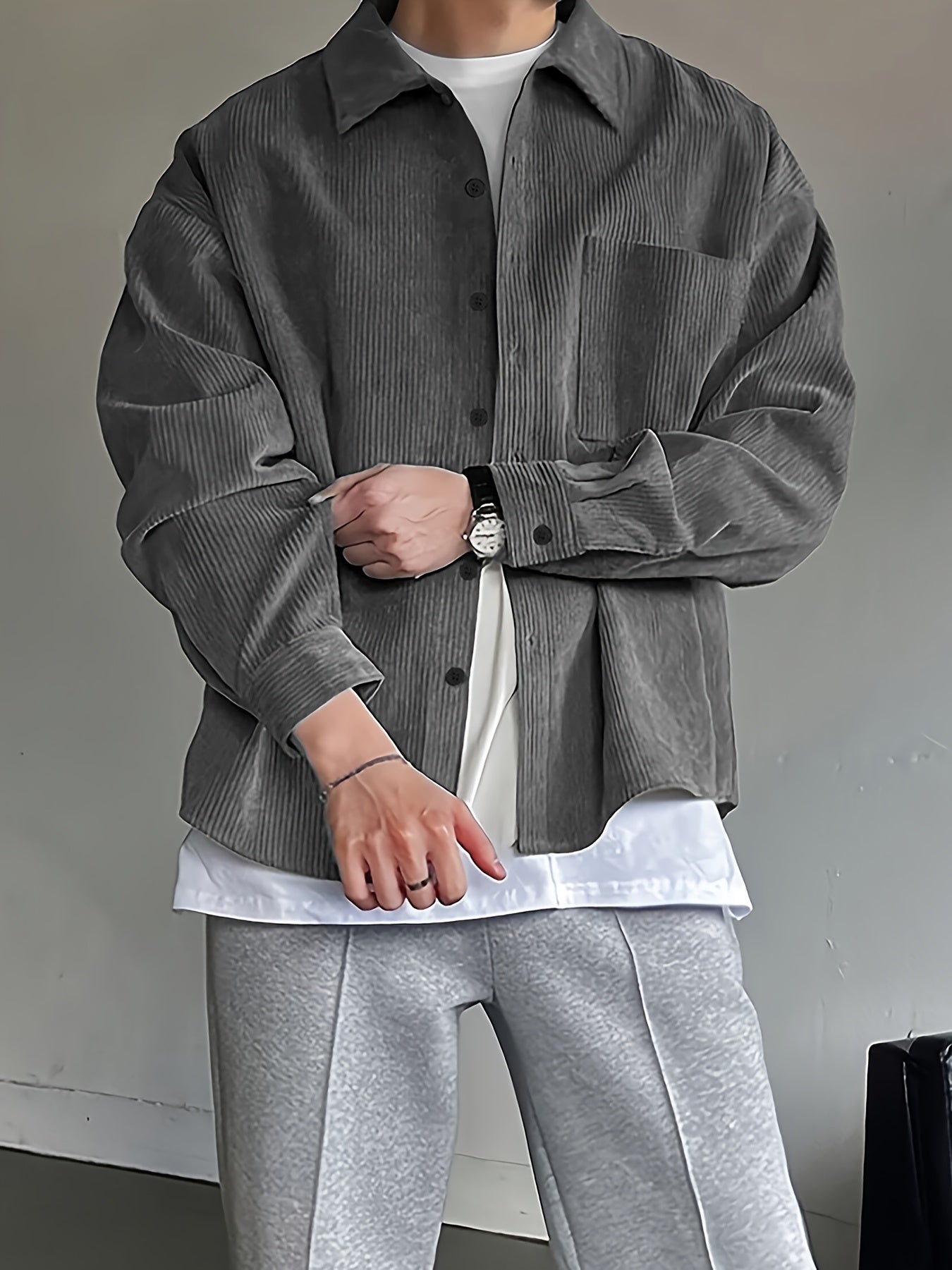 Men's Casual Corduroy Shirt Loose Fit Lapel Collar Chest Pocket 100% Polyester