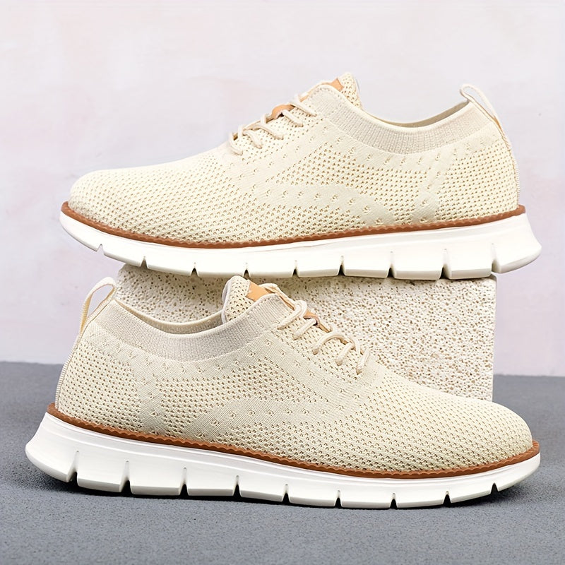 Men's Breathable Knit Business Casual Shoes Beige Brown Leather Upper EVA Sole Round Toe All-Season