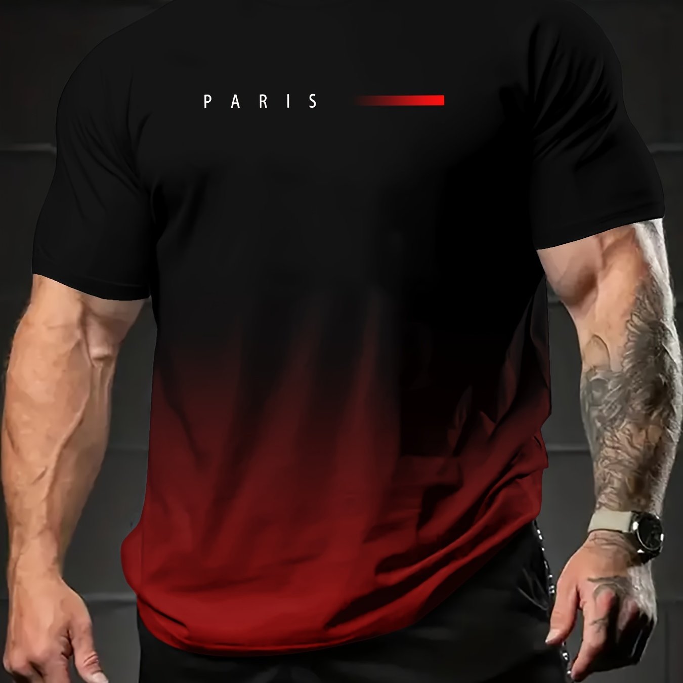 Erkaklar yozgi sport futbolkasi 3D Parij harfi bosma, ko'k va sariq gradient, polyester, mashinada yuvish mumkin, qulay tasodifiy qisqa yengli futbolka