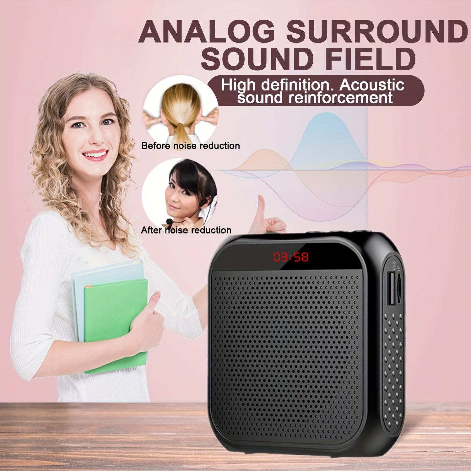High-Definition Portable Wired Voice Amplifier with USB Rechargeable Headset Microphone for Teachers Meetings Tours Black