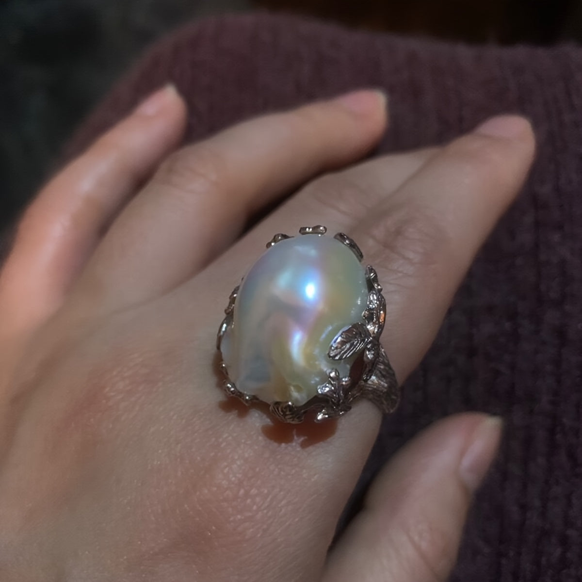 Винтажное стильное открытое кольцо с 20-25 мм жемчугом freshwater Aurora и дизайном с текстурой листьев