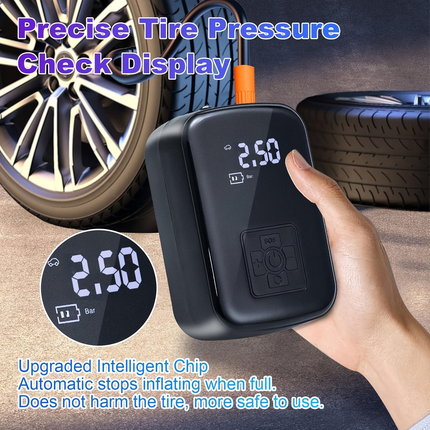 Portable Air Compressor Pump with Digital Display LED Light USB Charging Rechargeable Lithium Battery for Car Bike Motorcycle and Ball