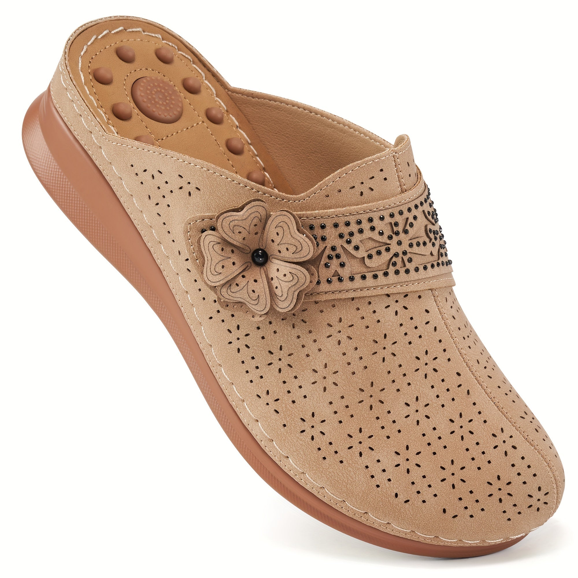 Women's Breathable Faux Leather Slip-On Mules with Floral Bow Beige Casual Shoes