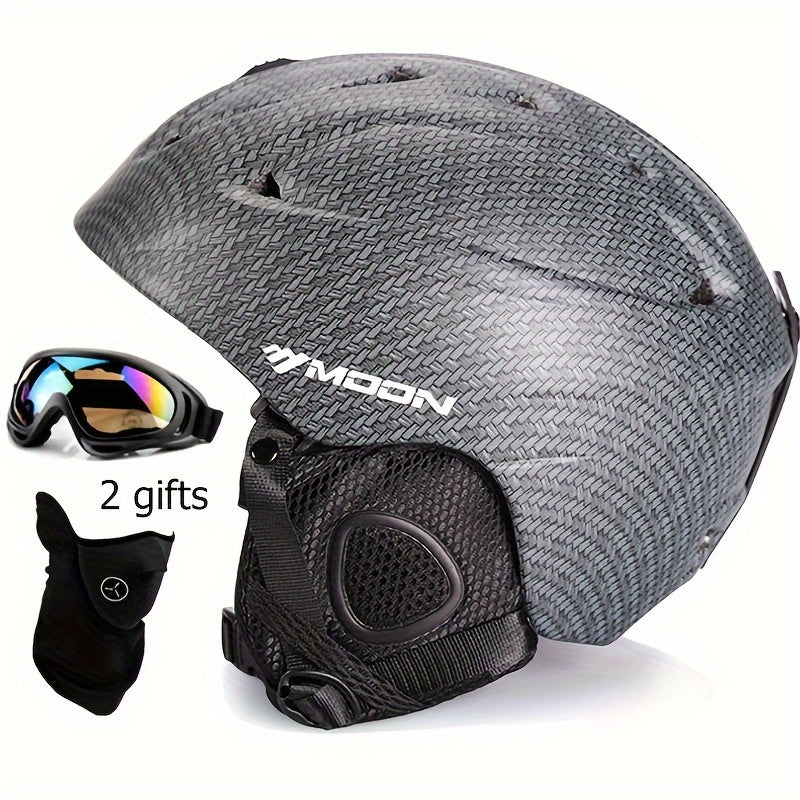Universal MOON ski helmet, integrally-molded PC material, nafas oladigan ventilar, bosh o'lchamini sozlash mumkin, tish padlari, ko'zoynaklarni qulflash, va olib tashlanadigan quloq padlari bilan, qor sportida kattalar xavfsizligi uchun.