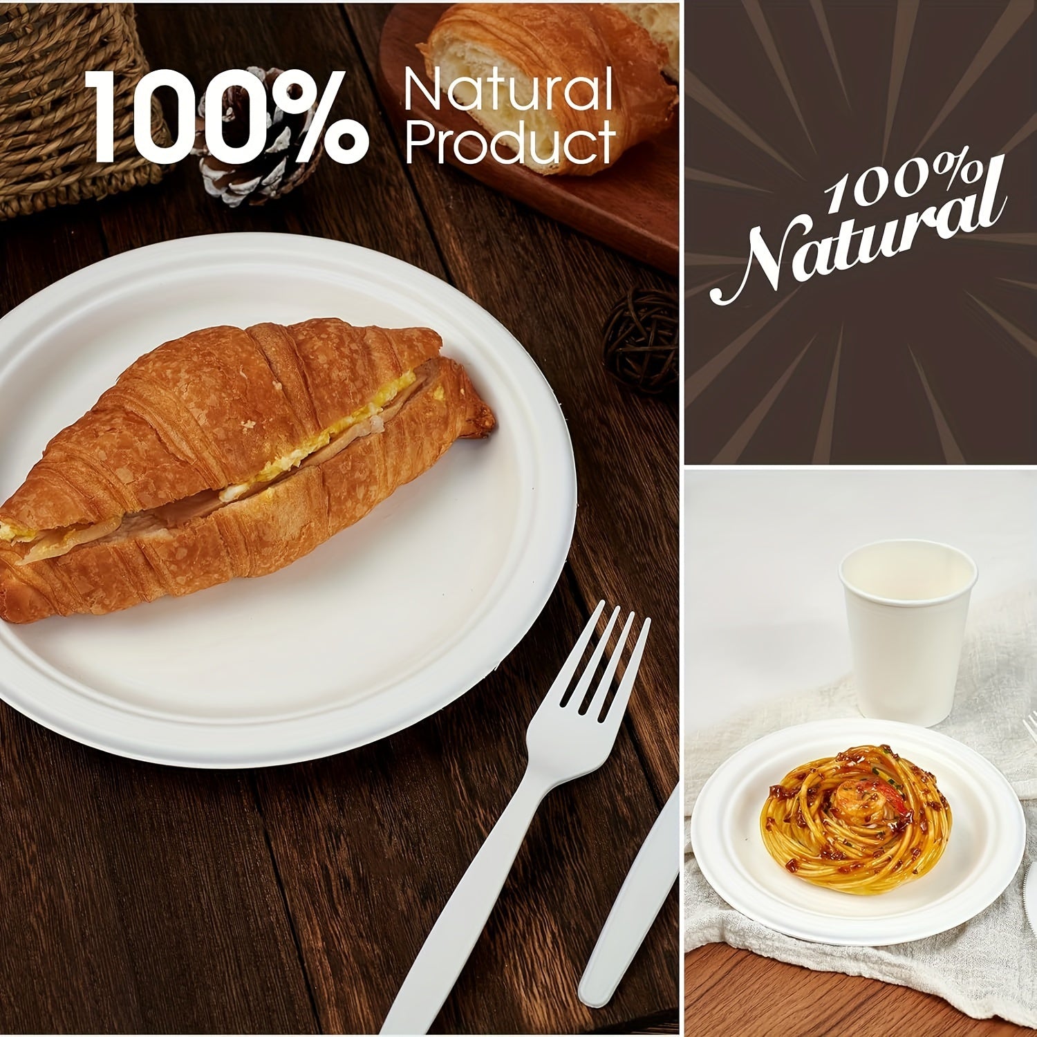 Set of 100 Heavy Duty Sugarcane Fiber Disposable Paper Plates for Parties