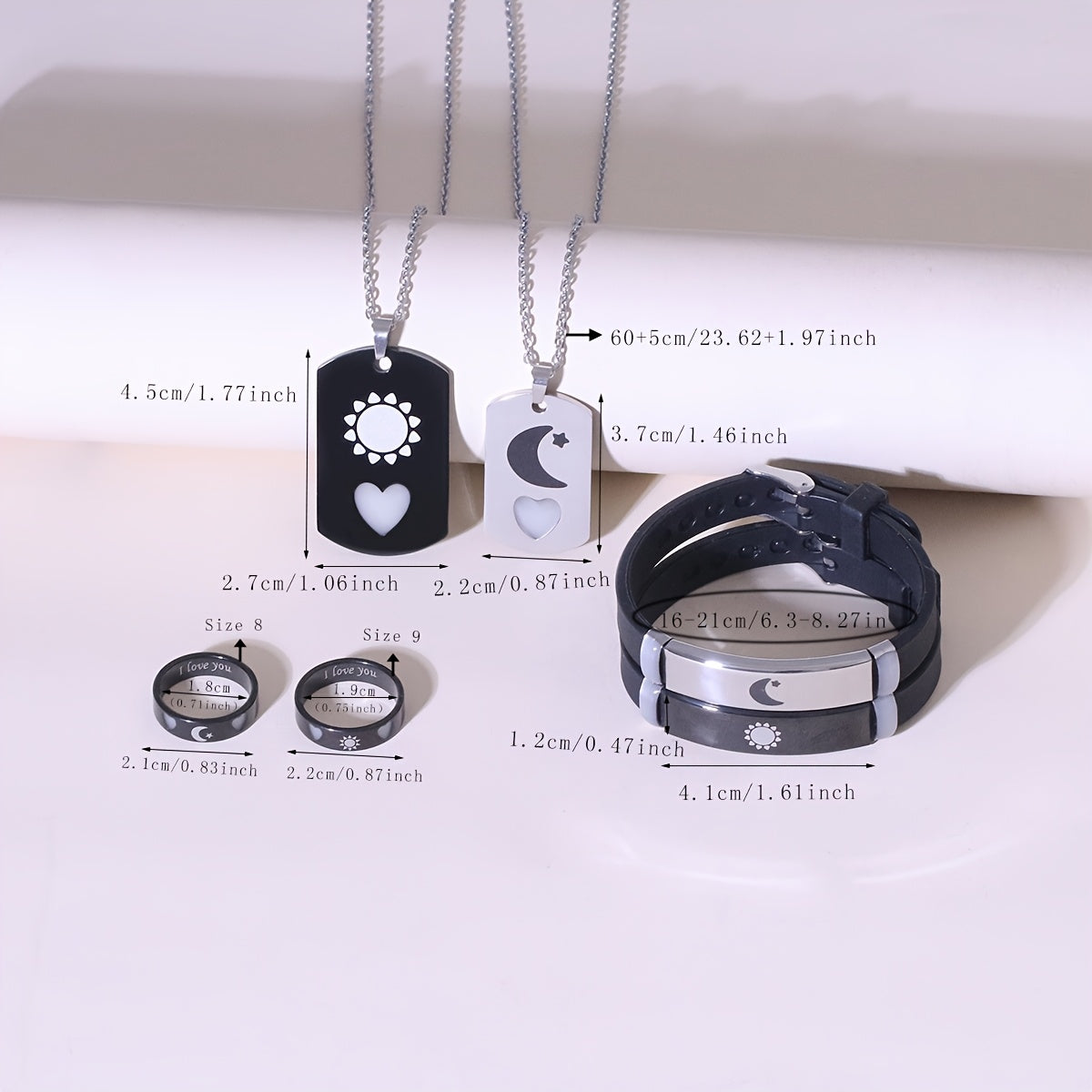 "Yorqin Sevgi, Yorqin Yurak va Yulduzli Noxush Po'lat Zargarlik Kolleksiyasi - 6 dona, juftliklar uchun marjon, bilaguzuk, uzuk - Ideal 14-fevral sovg'asi"