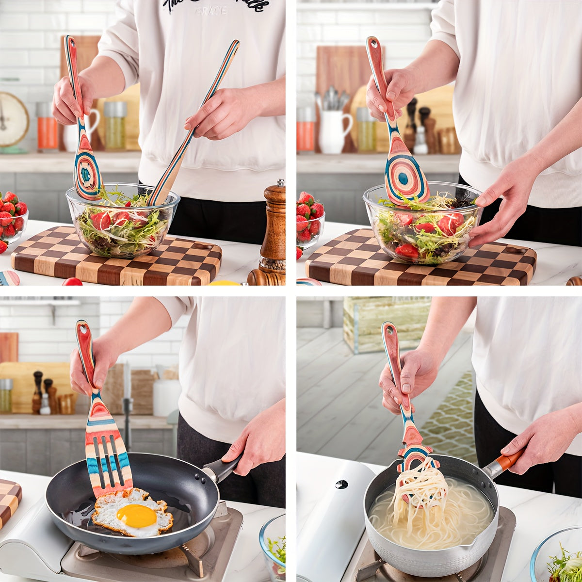 Pink Wooden Kitchen Utensil Set 7-Piece Non-Stick Heat-Resistant Cooking Tools