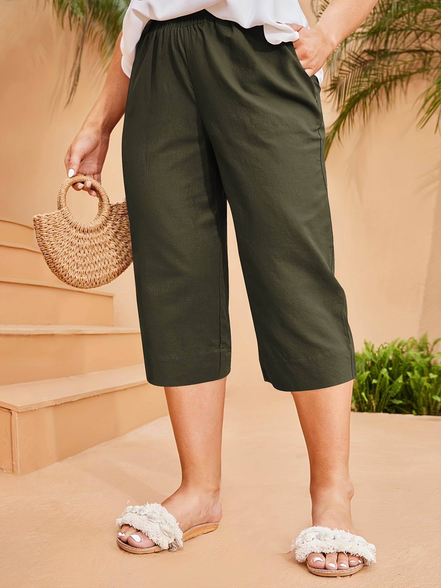Women's Wide Leg Pants Spring Summer Breathable Linen-Feel Fabric Solid Color Elastic Waist Pockets