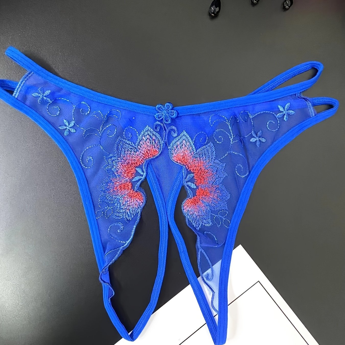 Women's Floral Embroidered Mesh Thongs with Open Crotch Sexy Lingerie