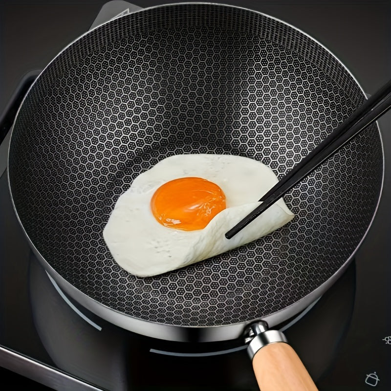 20cm Stainless Steel Non-Stick Wok with Honeycomb Coating and Wood Handle