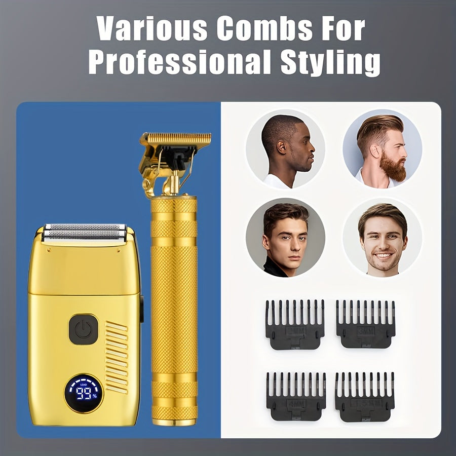 Set de afeitadora eléctrica y recortadora de barba, recargable por USB, cuchillas de acero inoxidable, pantalla digital, afeitadora de lámina