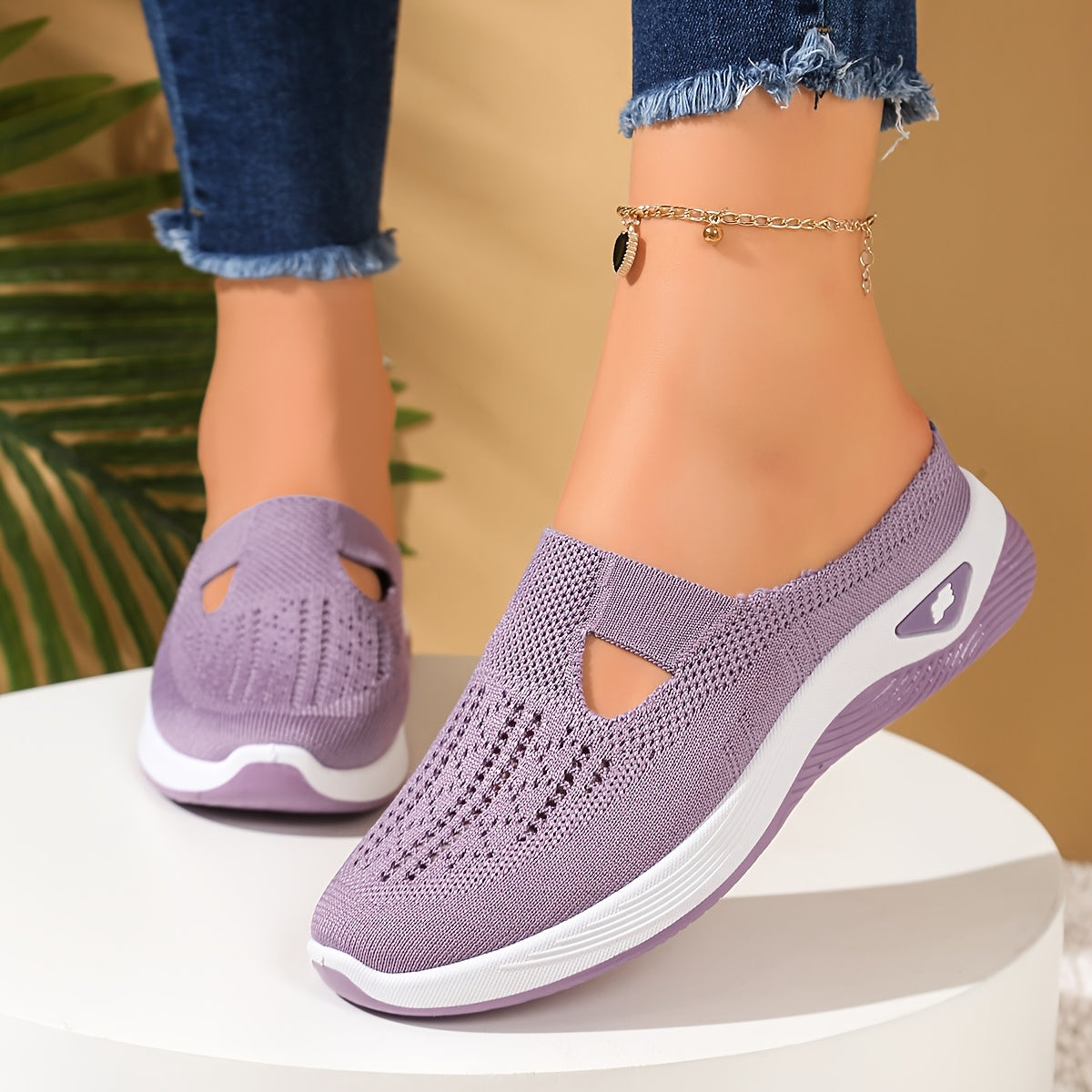 Women's Mesh Slip-On Sandals with Cut-Out Design Black White Casual