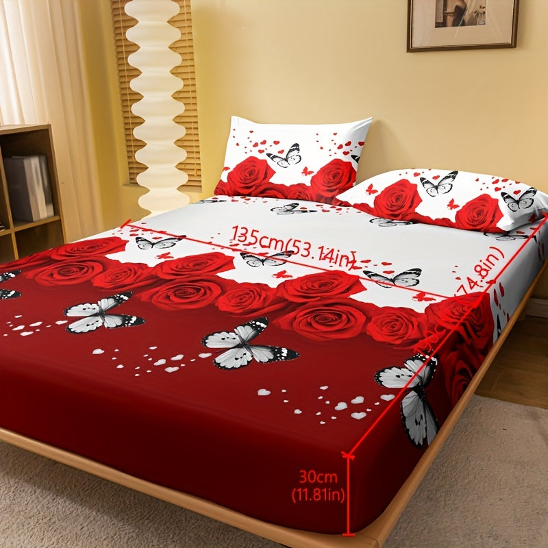 Red Rose Print Fitted Sheet Deep Pocket Mattress Protector Bedding