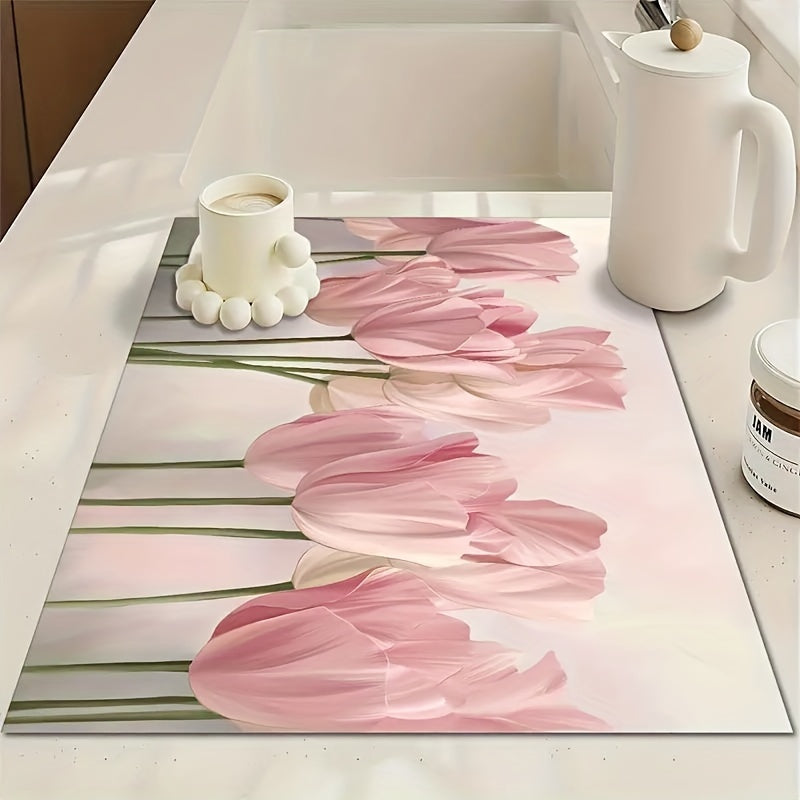Floral Printed Dish Drying Pad Absorbent Mat for Kitchen Countertop and Bathroom