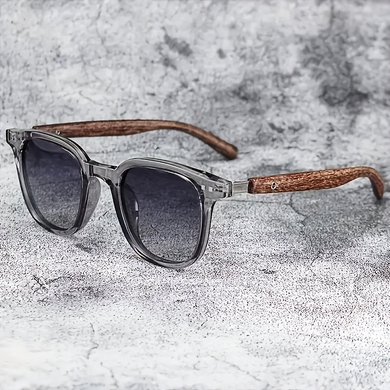 Unisex Vintage Square Glasses with Wood Grain Temples for Beach Travel