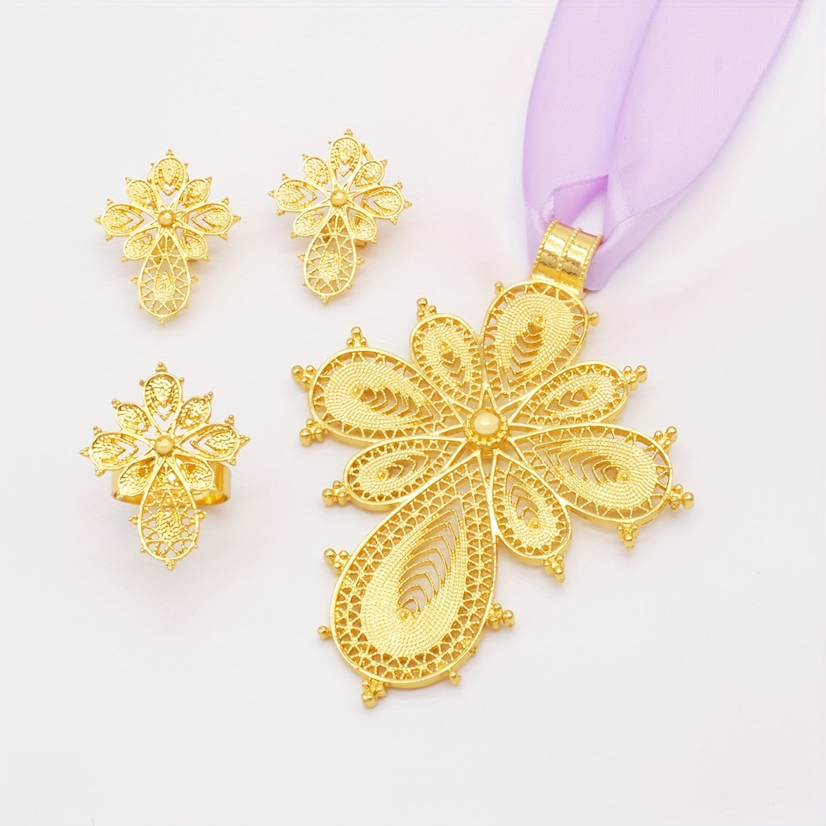 Gold Plated Jewelry Set with Earrings Necklace and Ring for Evening Parties