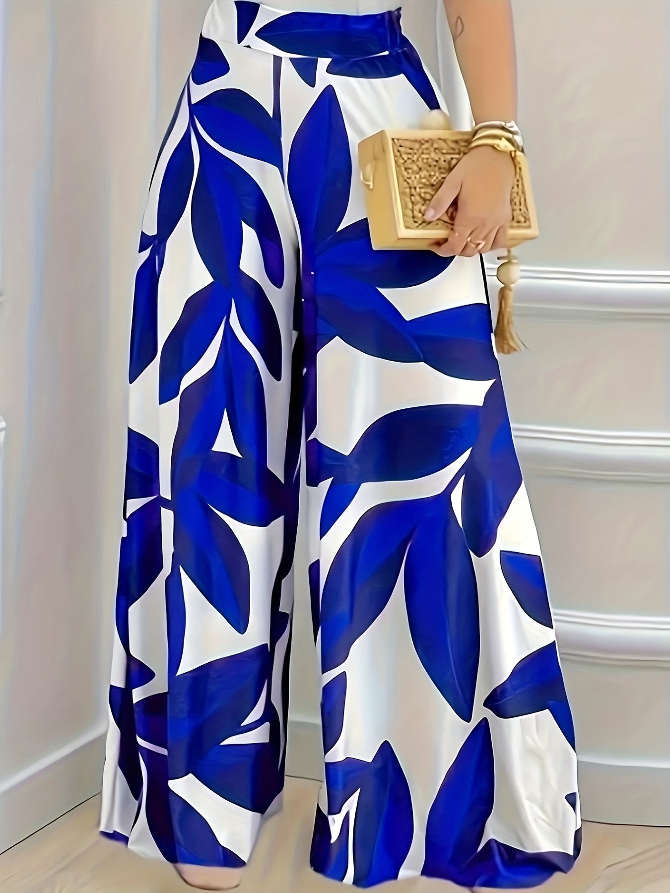 Women’s Polyester Wide Leg Pants with Blue and White Leaf Pattern for Casual or Vacation Wear