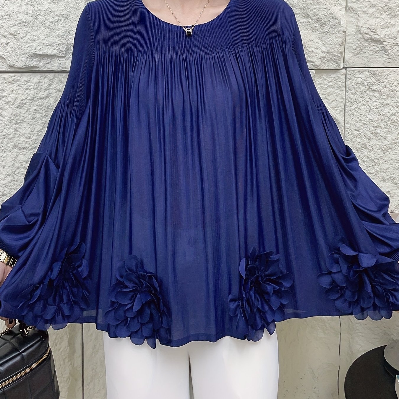 Women's Oversized Pleated Blouse with Floral Applique Light Blue Long Sleeve