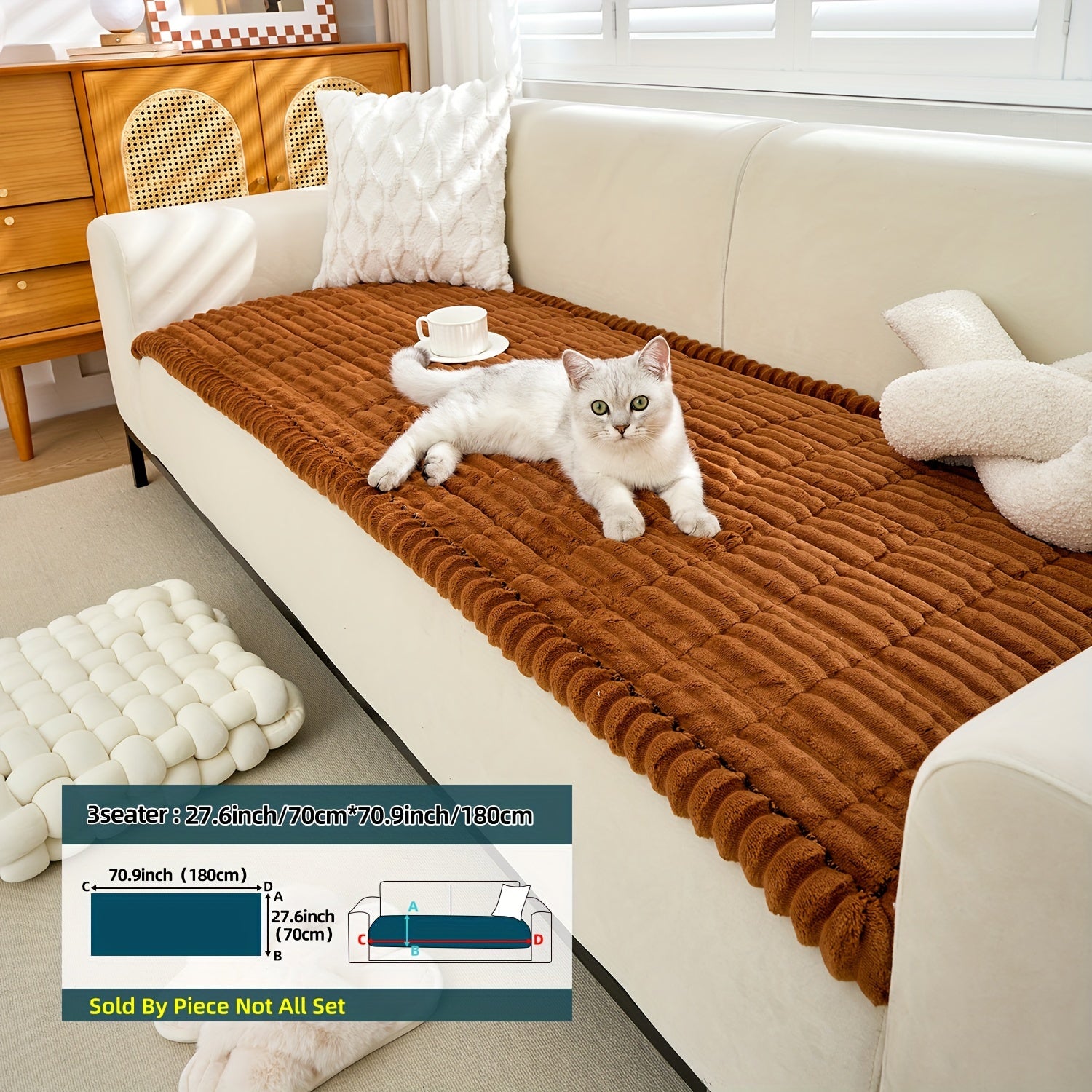 Boho Style Quilted Short Plush Sofa Cover with Ruffle Design Non-Slip Pet Friendly Machine Washable