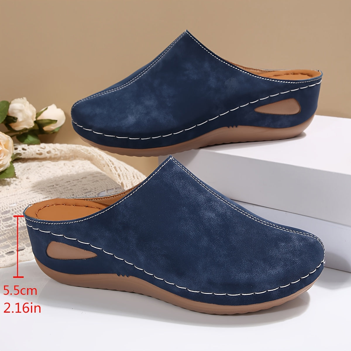 Women's Slip-On Mules Chunky Heel Round Toe PU Shoes Navy Blue All-Season Platform