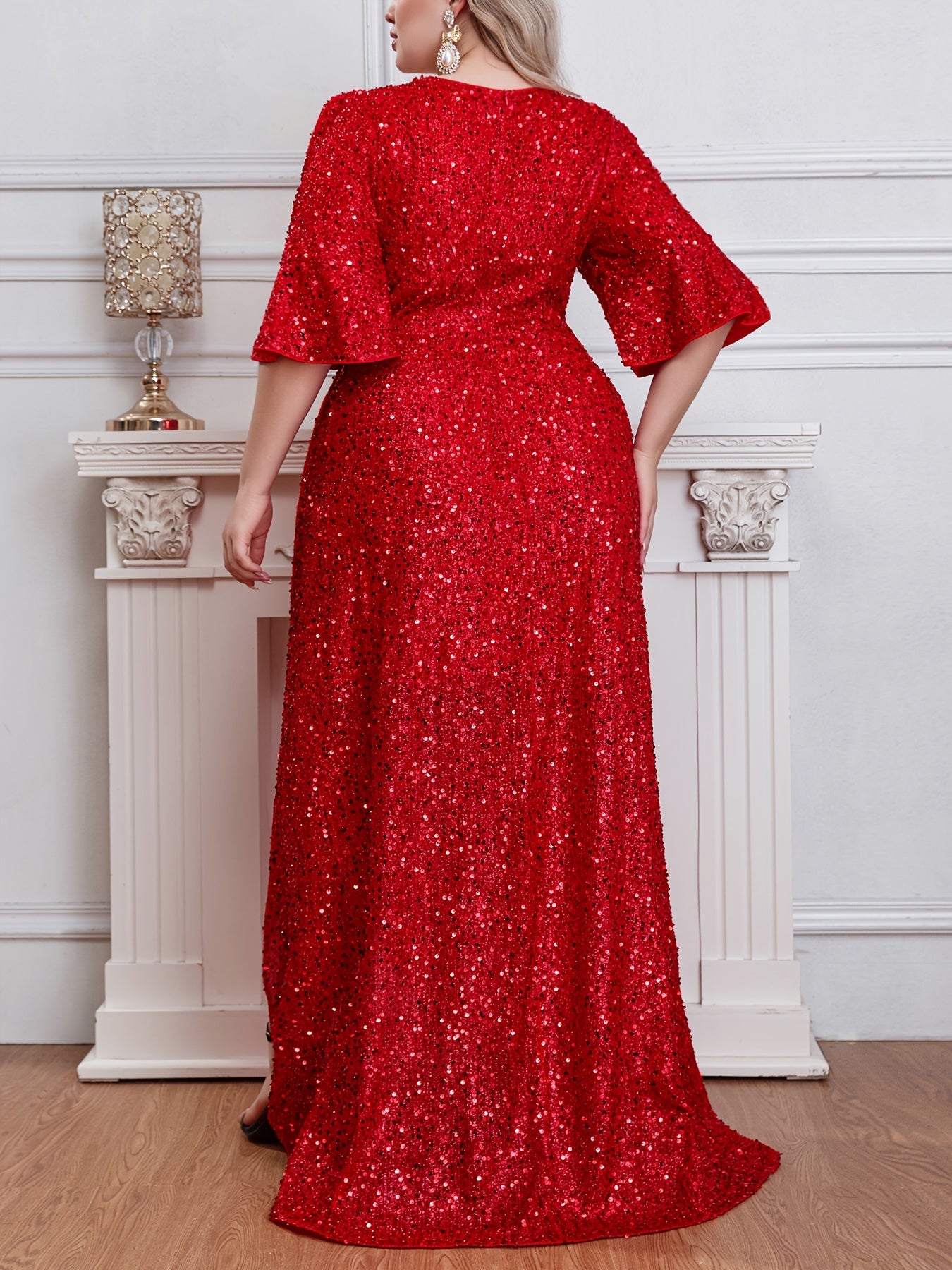 Plus Size Dress Solid Color Beaded Splicing Ruffle Hem