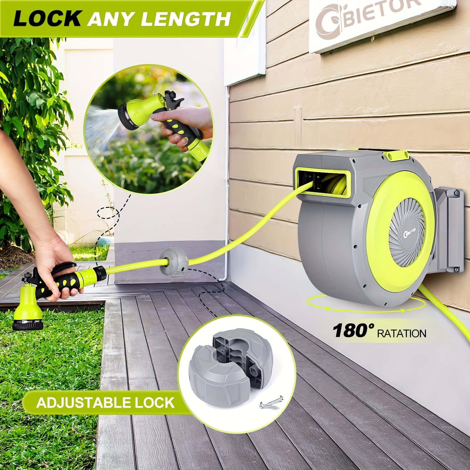 Retractable Garden Hose Reel 130ft Vinyl Hose 1/2 Inch Connector 9-Pattern Nozzle