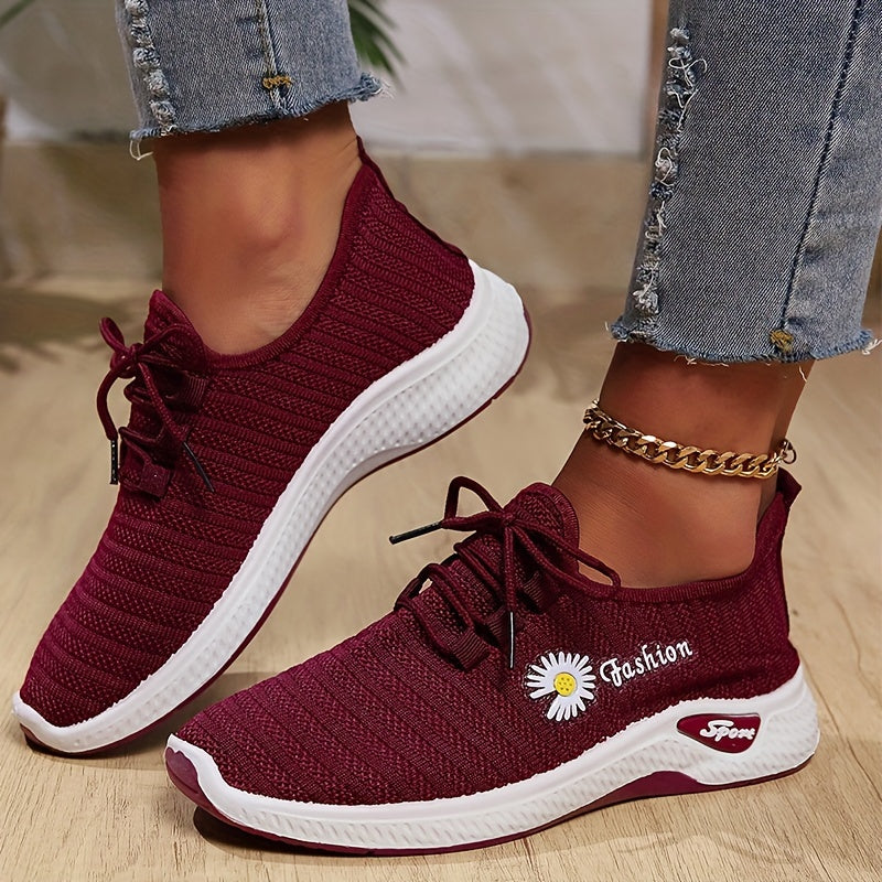 Women's Floral Pattern Lace-Up Sneakers Breathable Soft Sole Running Shoes