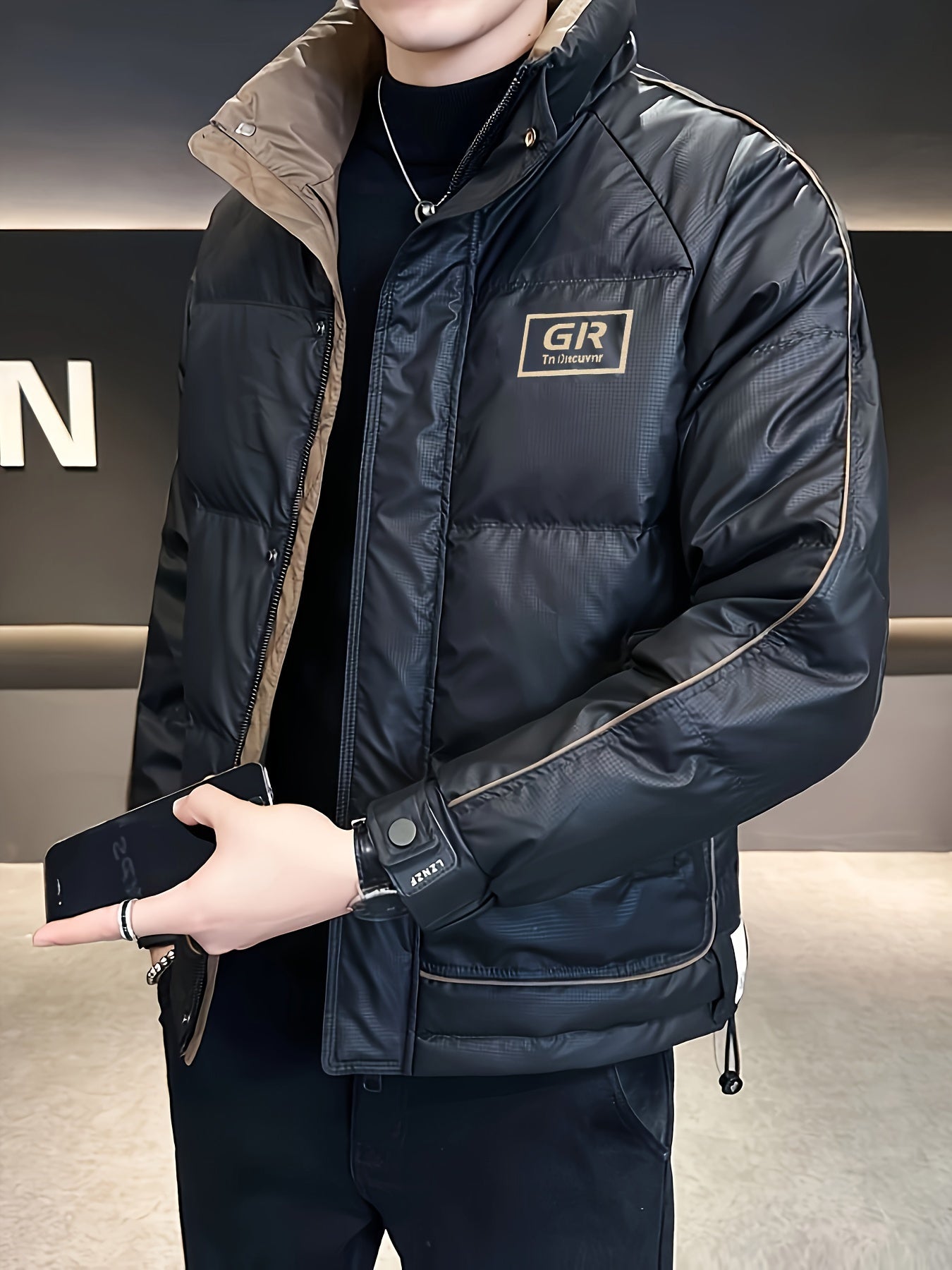 Men's Winter Jacket Black and Brown Stand Collar Zipper Pockets Polyester Filling