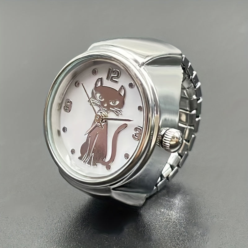 Small Cat Design Round Quartz Watch for Women Gold Silver Finger Ring Style
