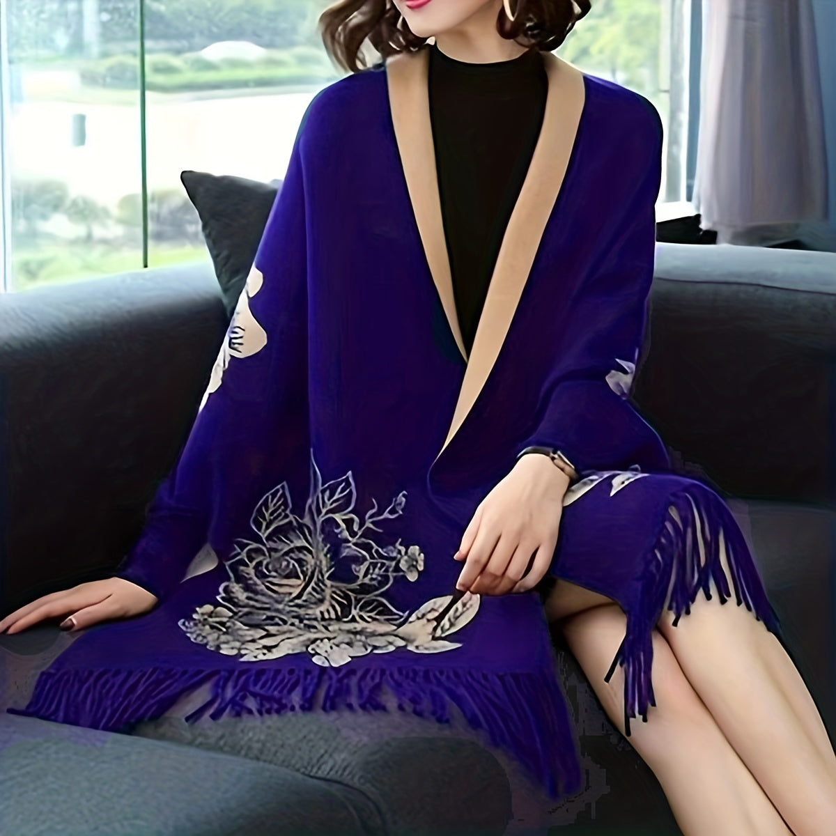 Women's Reversible Jacquard Warm Cape Shawl with Brooch Stylish Wrap