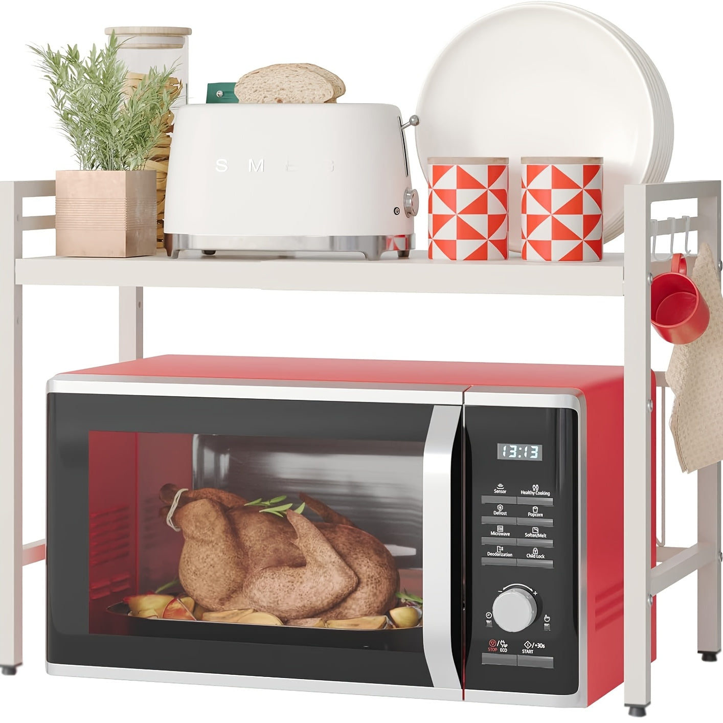 Estante expandible para horno microondas negro con estante de cocina y ganchos