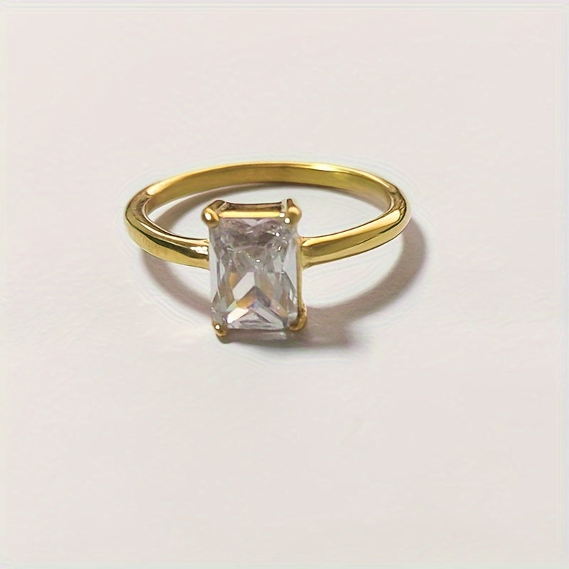 Gold Plated Titanium Steel Ring with Square Cut Zirconia Solitaire