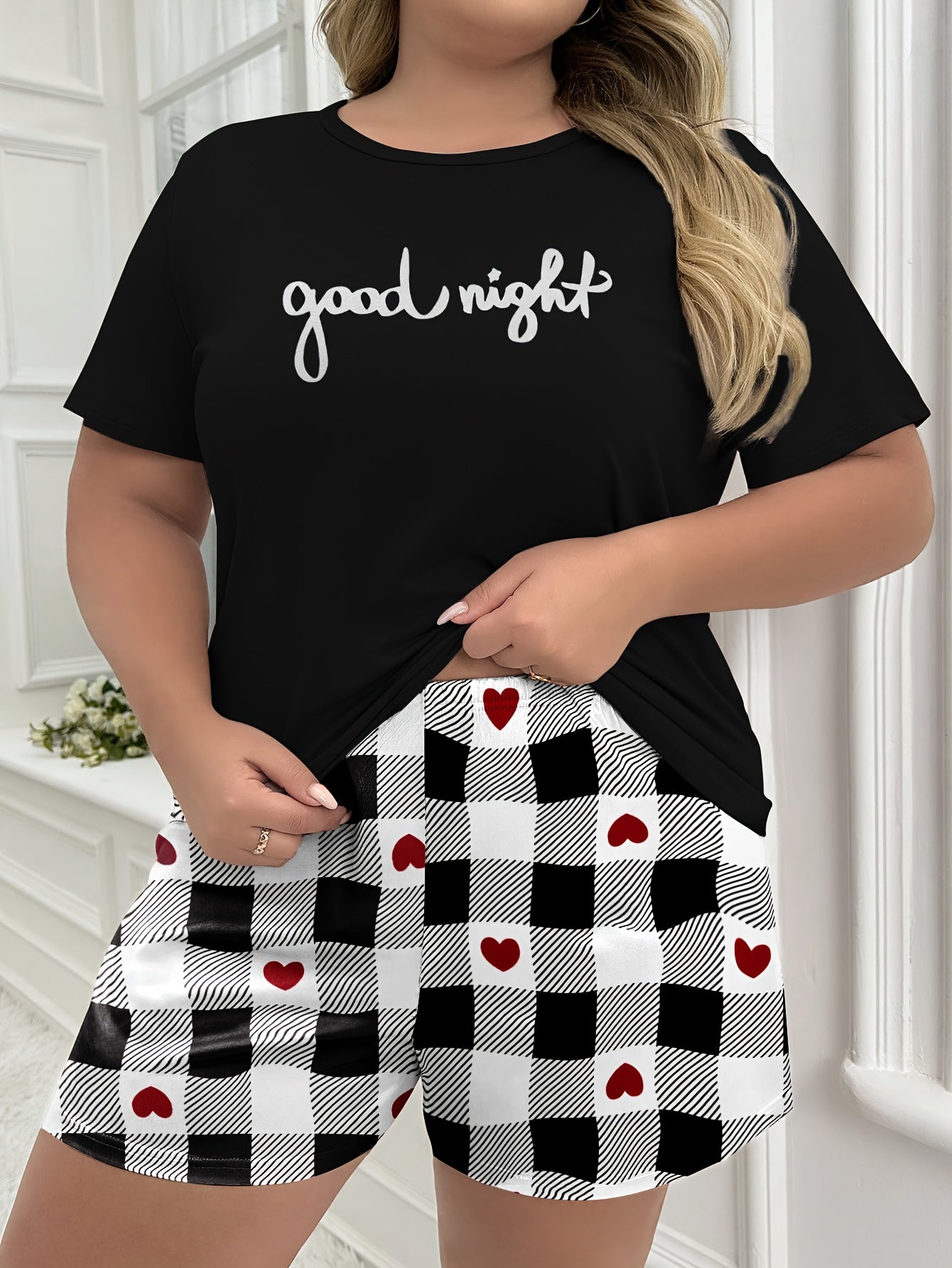Plus Size Women's Pajama Set Short Sleeve Checkered Cartoon Print Sleepwear