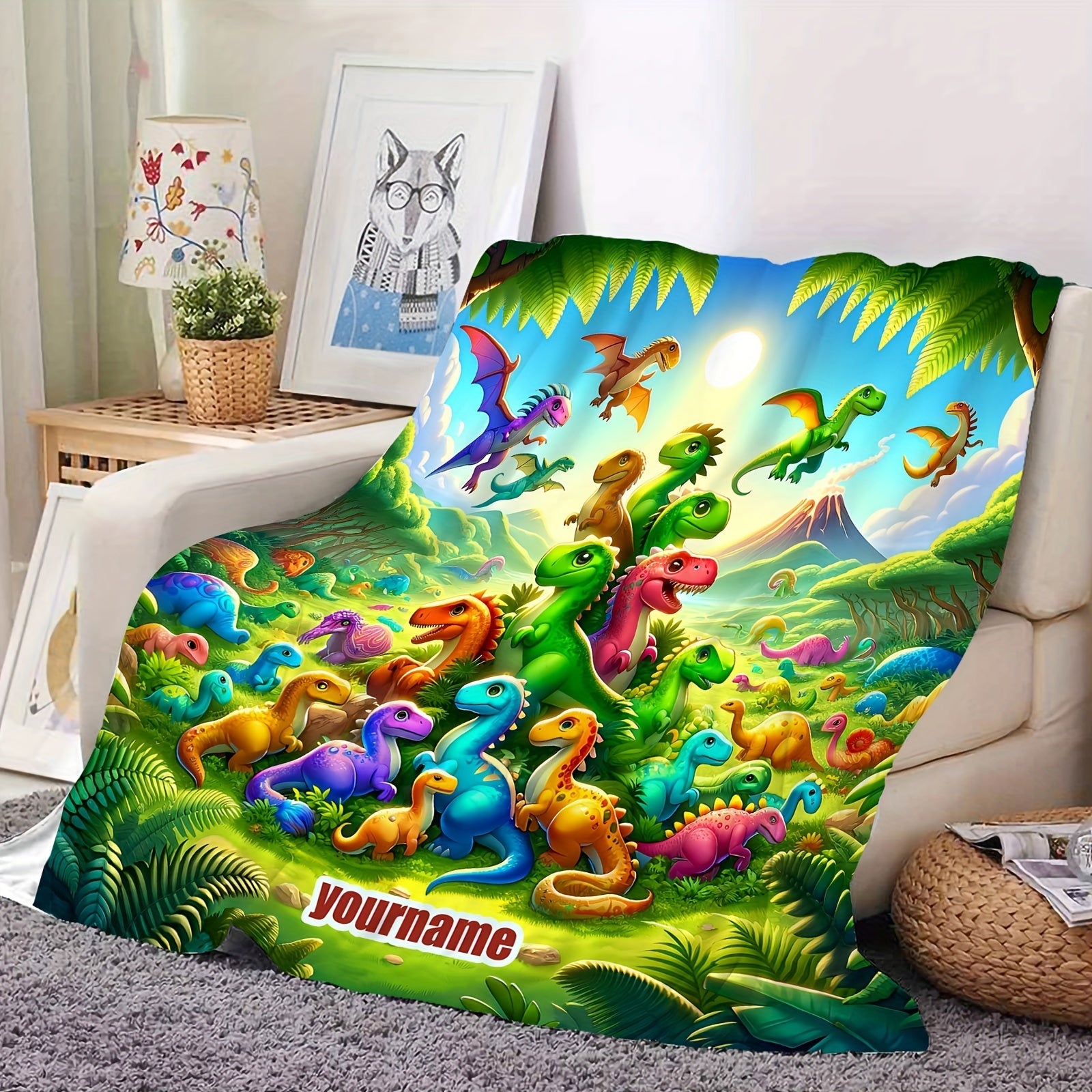 Dinosaur Print Flannel Fleece Blanket for Kids and Adults Soft Cozy Bed Throw