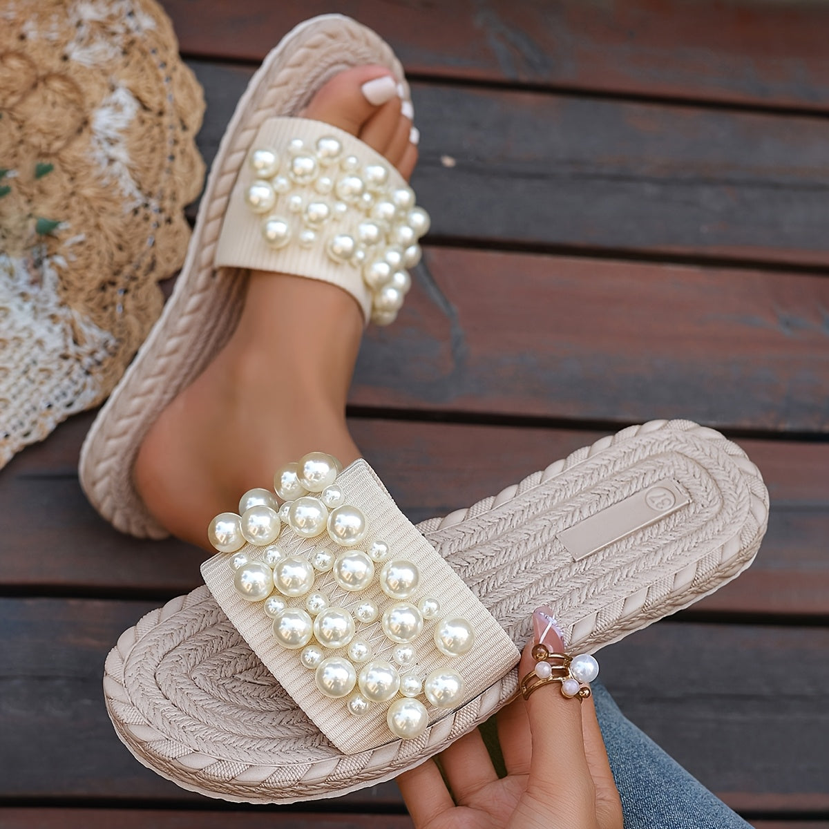 Women's Pearl Slide Sandals Lightweight Fabric Beige Open Toe Casual Slippers