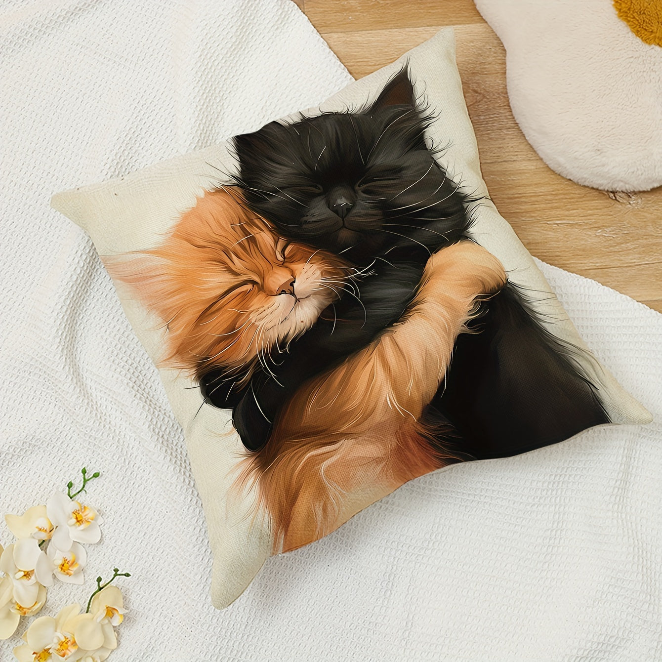 Cat Hug Linen Pillowcase 44.96cm x 44.96cm Machine Washable Sofa Bedroom Decor