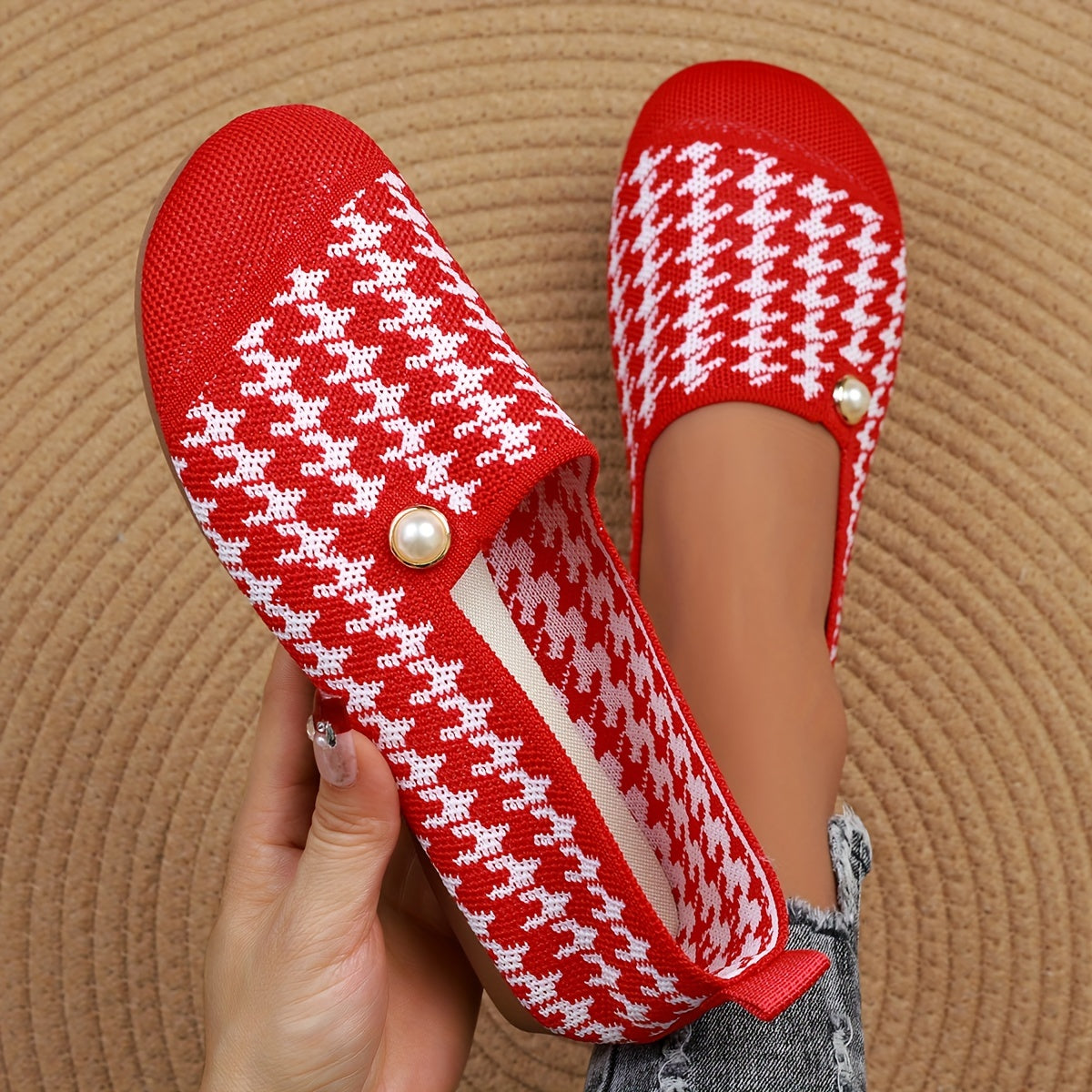 Women's Houndstooth Slip-On Flats Breathable Fabric All-Season Shoes